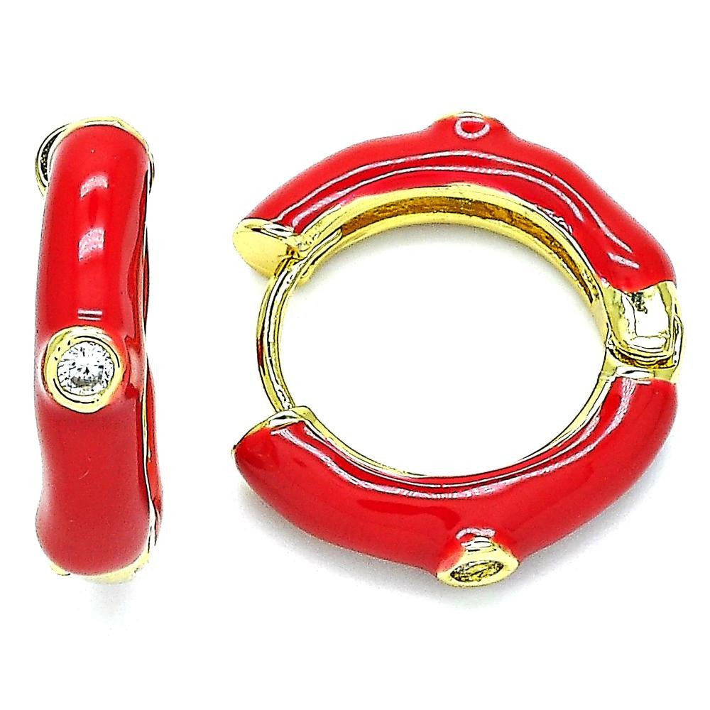 Gold Filled Huggie Hoop With White Cubic Zirconia Red Enamel Finish Golden Tone