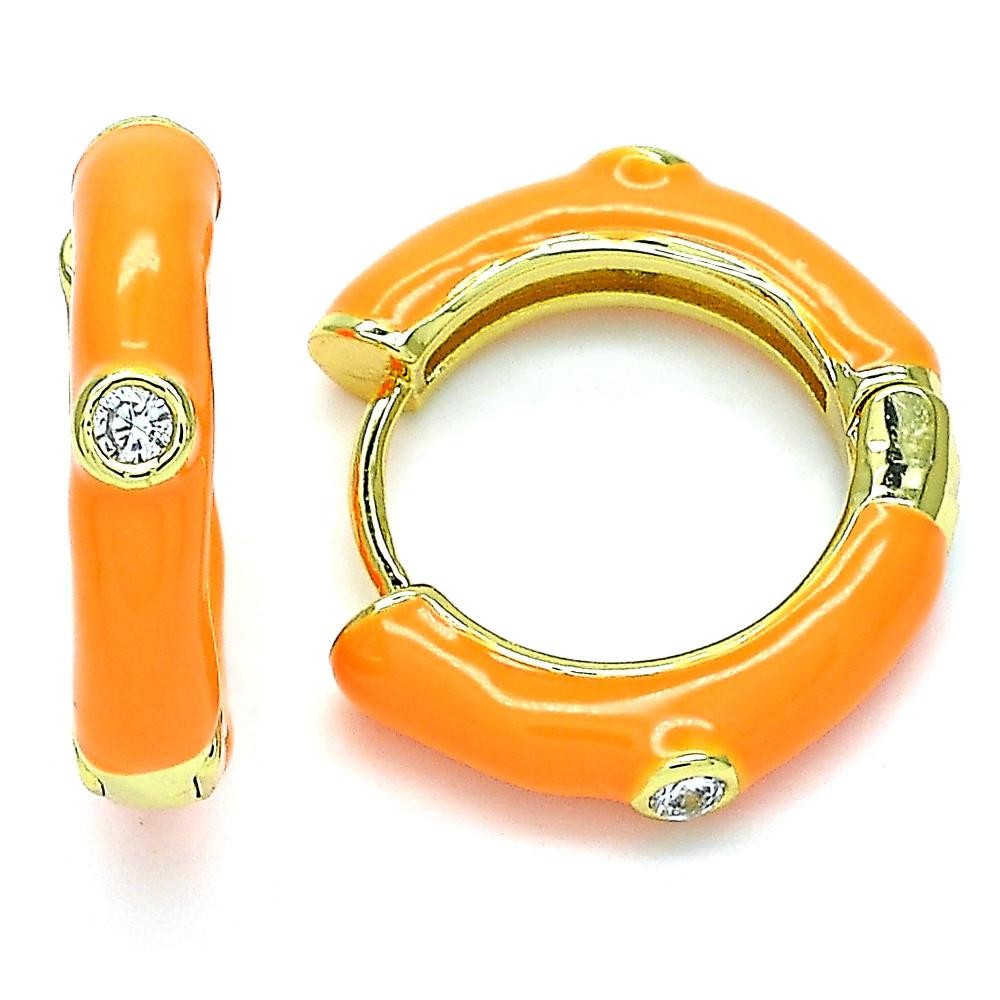 Gold Filled Huggie Hoop With White Cubic Zirconia Orange Enamel Finish Golden Tone