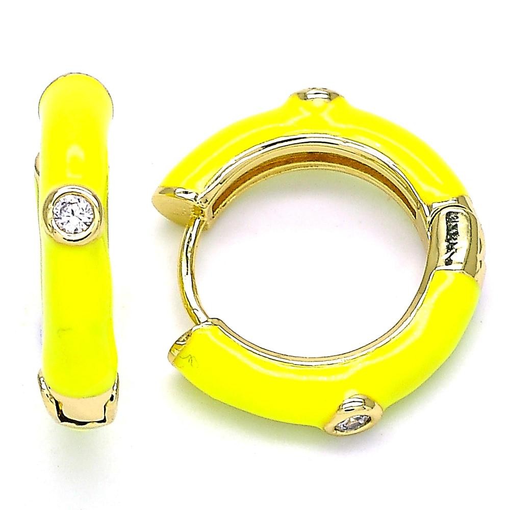 Gold Finish Huggie Hoop With White Cubic Zirconia Yellow Enamel Finish Golden Tone