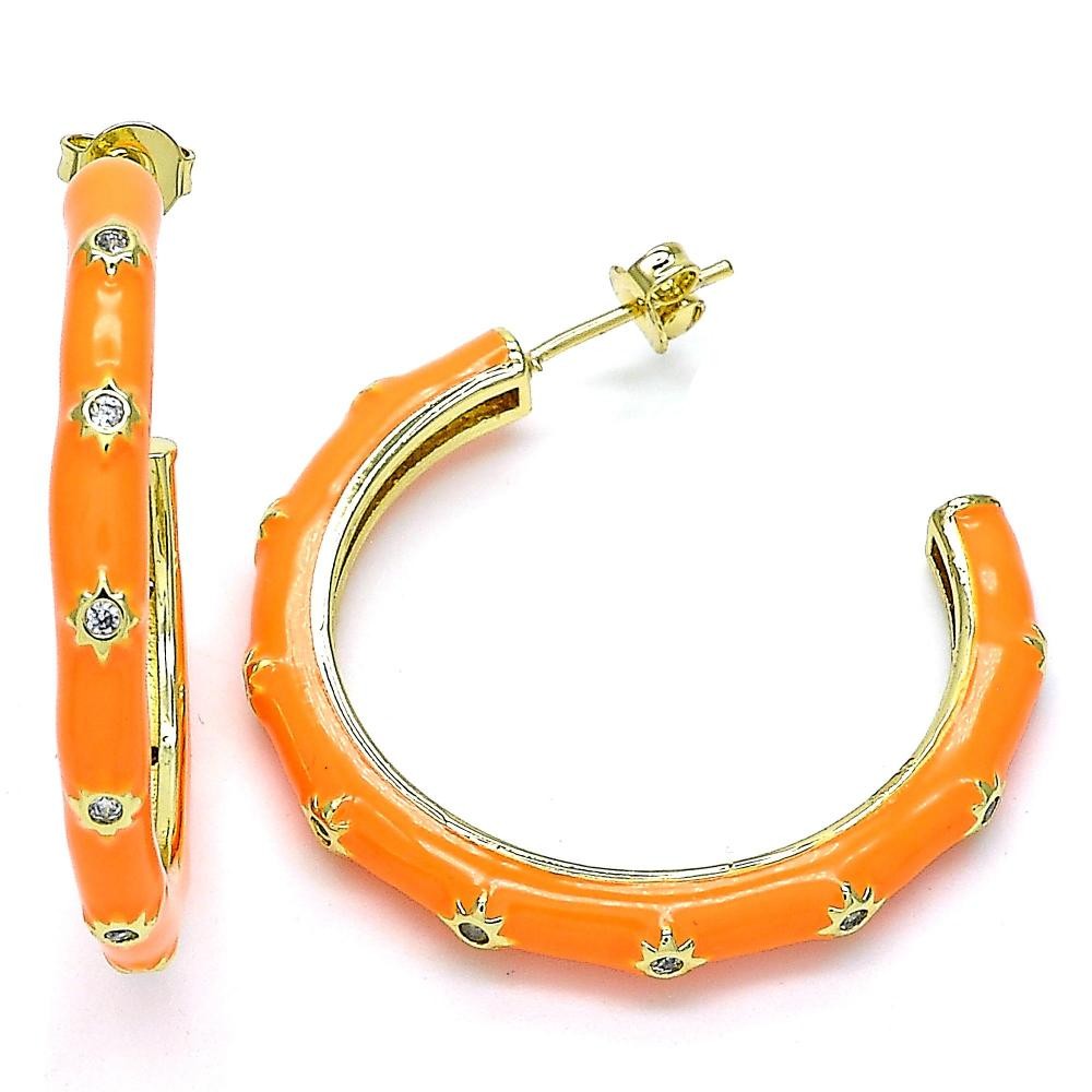 Gold Filled Stud Earring Star Design With White Cubic Zirconia Orange Enamel Finish Golden Tone