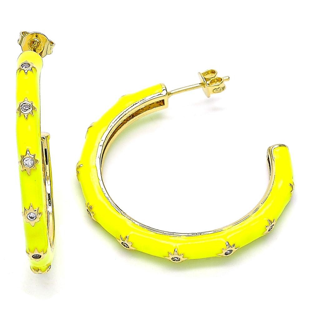 Gold Filled Stud Earring Star Design With White Cubic Zirconia Yellow Enamel Finish Golden Tone