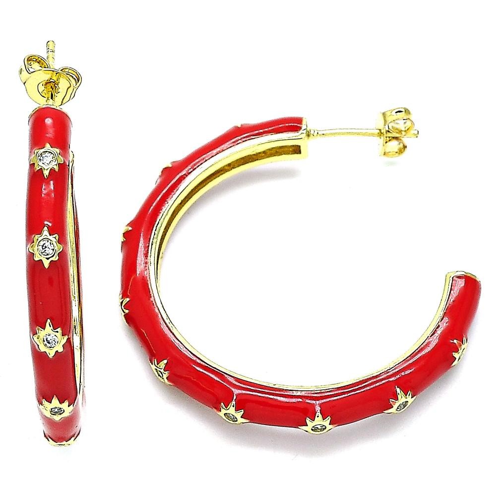 Gold Filled Stud Earring Star Design With White Cubic Zirconia Red Enamel Finish Golden Tone
