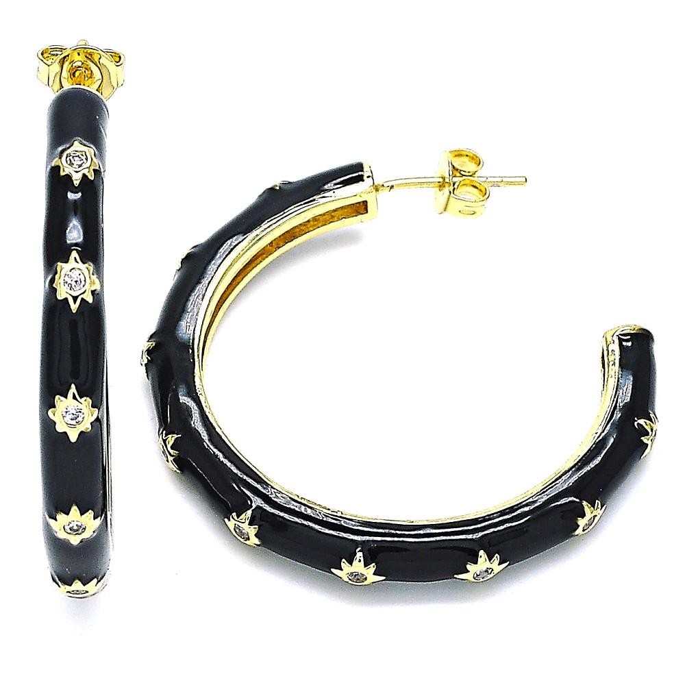 Gold Filled Stud Earring Star Design With White Cubic Zirconia Black Enamel Finish Golden Tone