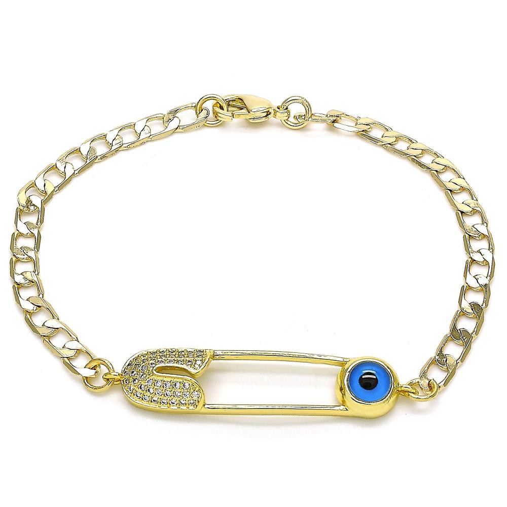 Gold Filled Fancy Bracelet Paperclip and Greek Eye Design With White Micro Pave Polished Finish Golden Tone