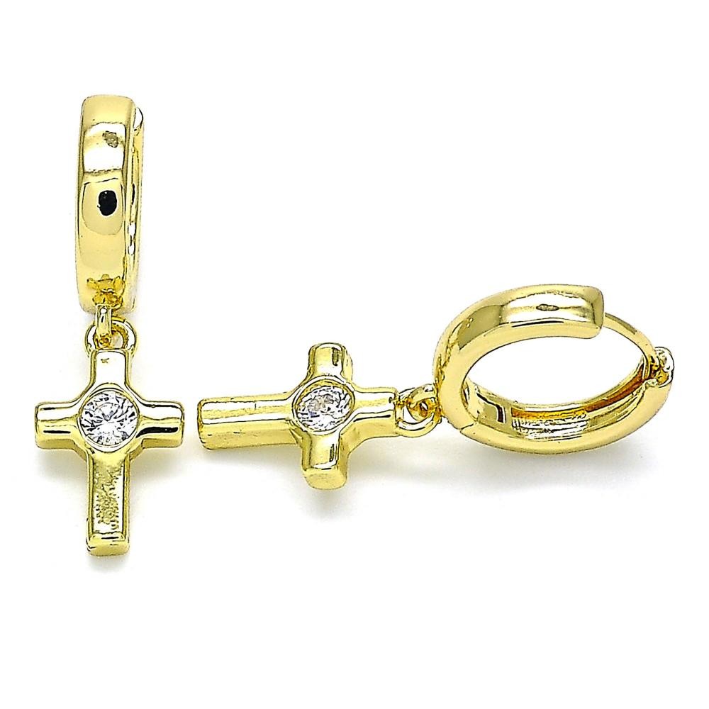 Gold Filled Huggies Hoop Cross Design With White Micro Pave Polished Finish Golden Tone
