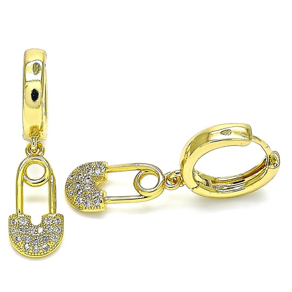 Gold Filled Huggies Hoop Paperclip Design with White Micro Pave Polished Finish Golden Tone