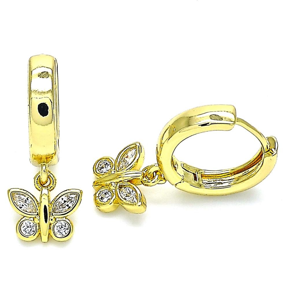 Gold Filled Huggies Hoop Butterfly Design With White Micro Pave Polished Finish Golden Tone