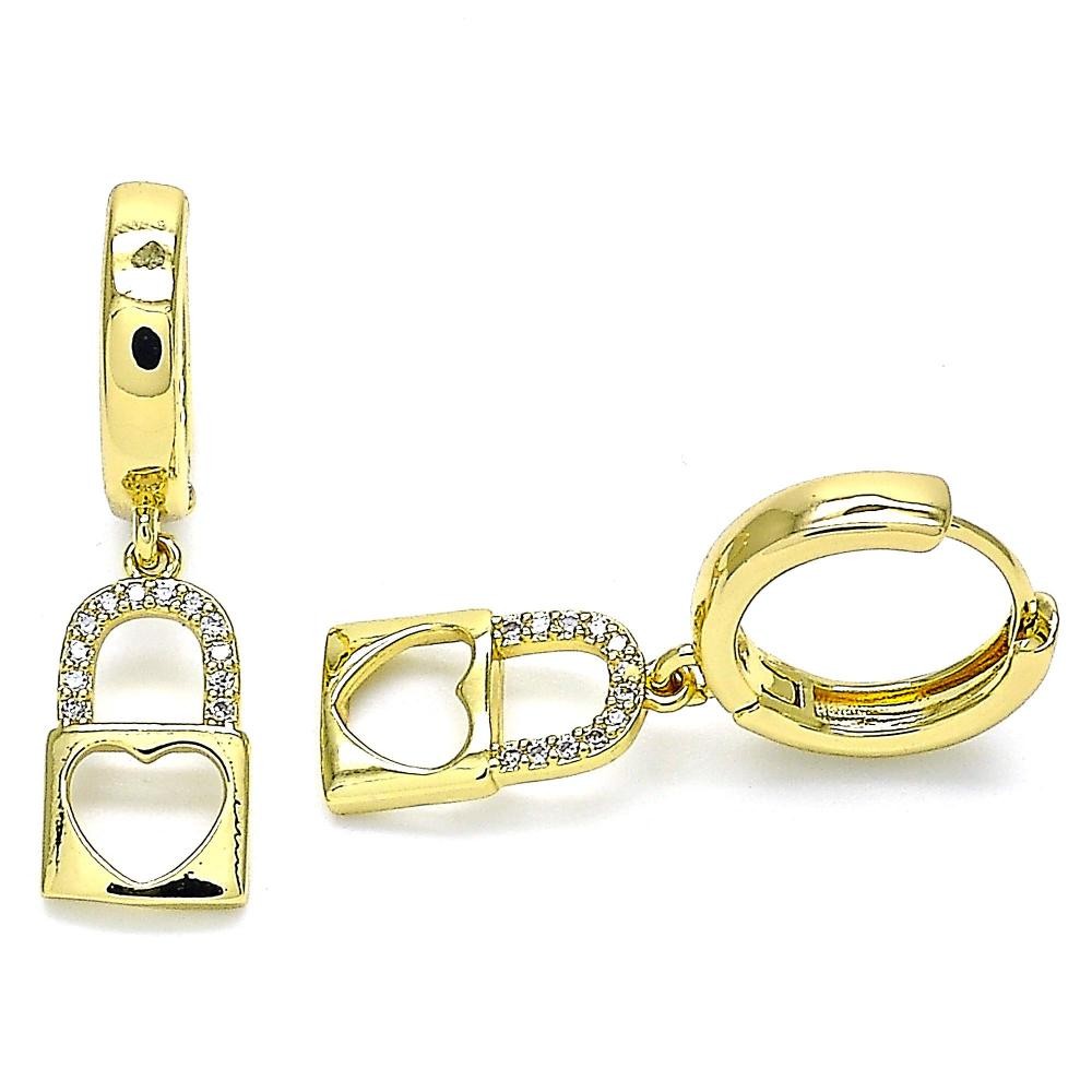 Gold Filled Huggies Hoop Lock and Heart Design With White Micro Pave Polished Finish Golden Tone