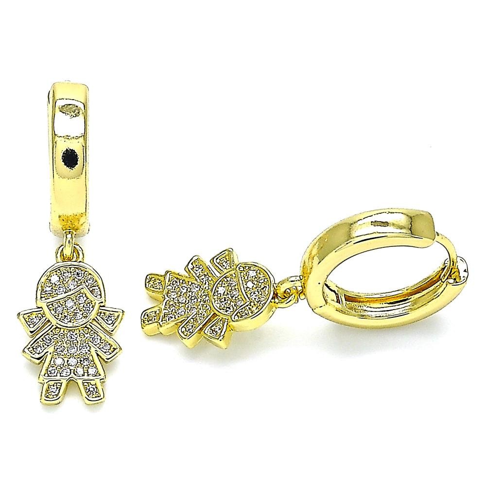 Gold Filled Huggies Hoop Little Girl Design With White Micro Pave Polished Finish Golden Tone