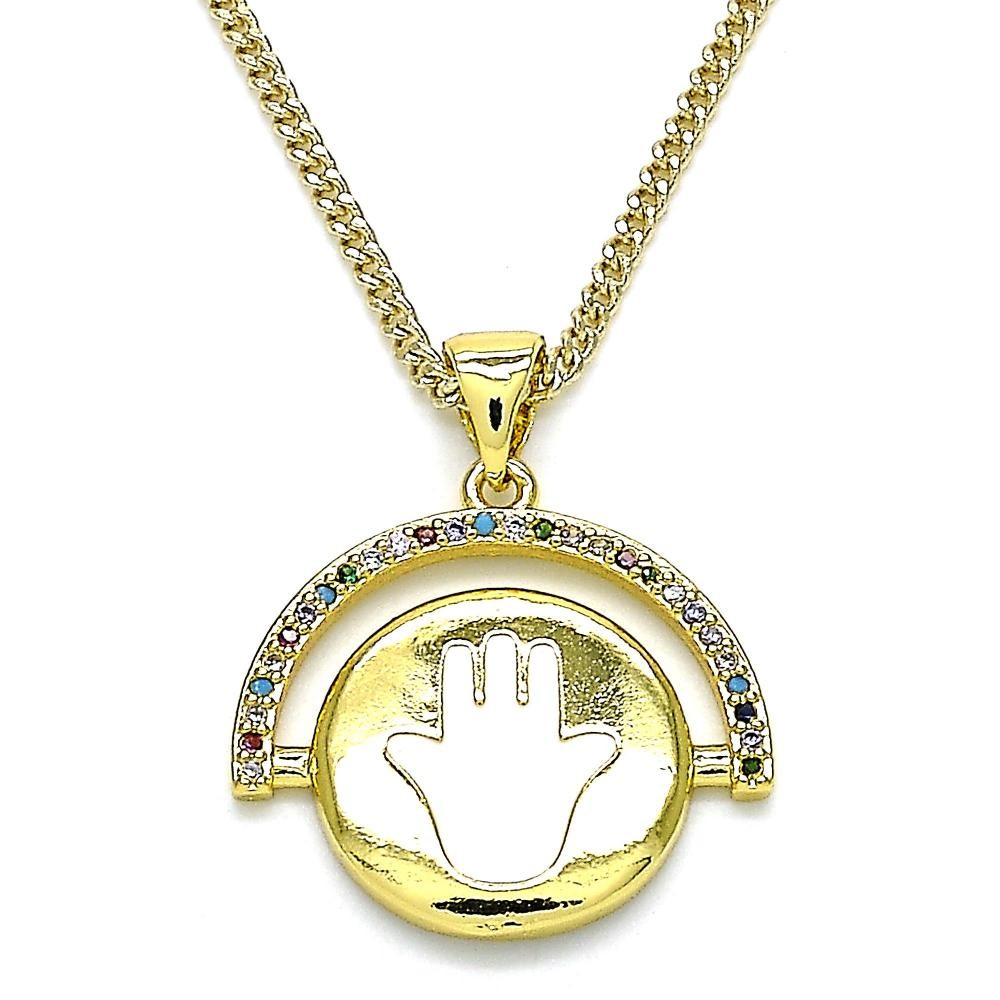 Gold Filled Pendant Necklace Hand of God Design With Multicolor Micro Pave White Enamel Finish Golden Tone