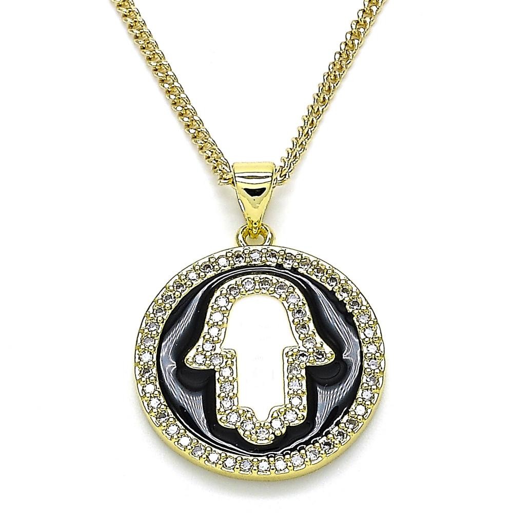 Gold Filled Hamsa Design Pendant Necklace With Black Enamel Micro Pave Polished Finish Golden Tone