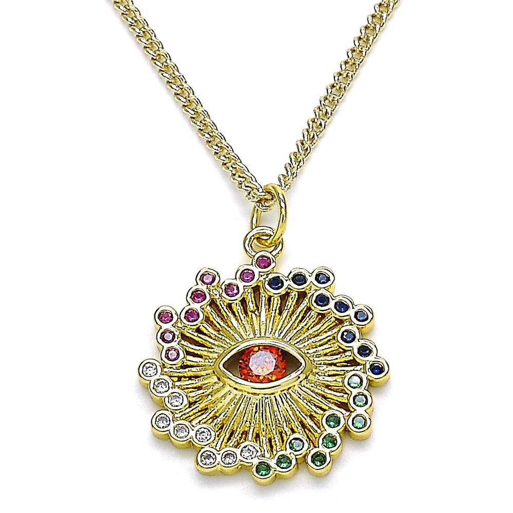 Gold Filled Pendant Necklace Greek Eye Design With Multicolor Micro Pave and Garnet Cubic Zirconia Polished Finish Golden Tone