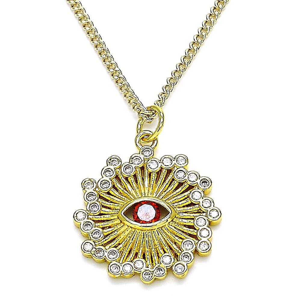 Gold Filled Pendant Necklace Greek Eye Design With White Micro Pave and Garnet Cubic Zirconia Polished Finish Golden Tone