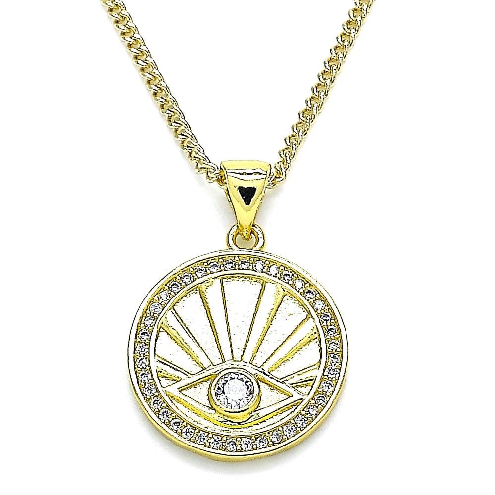Gold Filled Pendant Necklace Greek Eye Design With White Cubic Zirconia and White Micro Pave Polished Finish Golden Tone