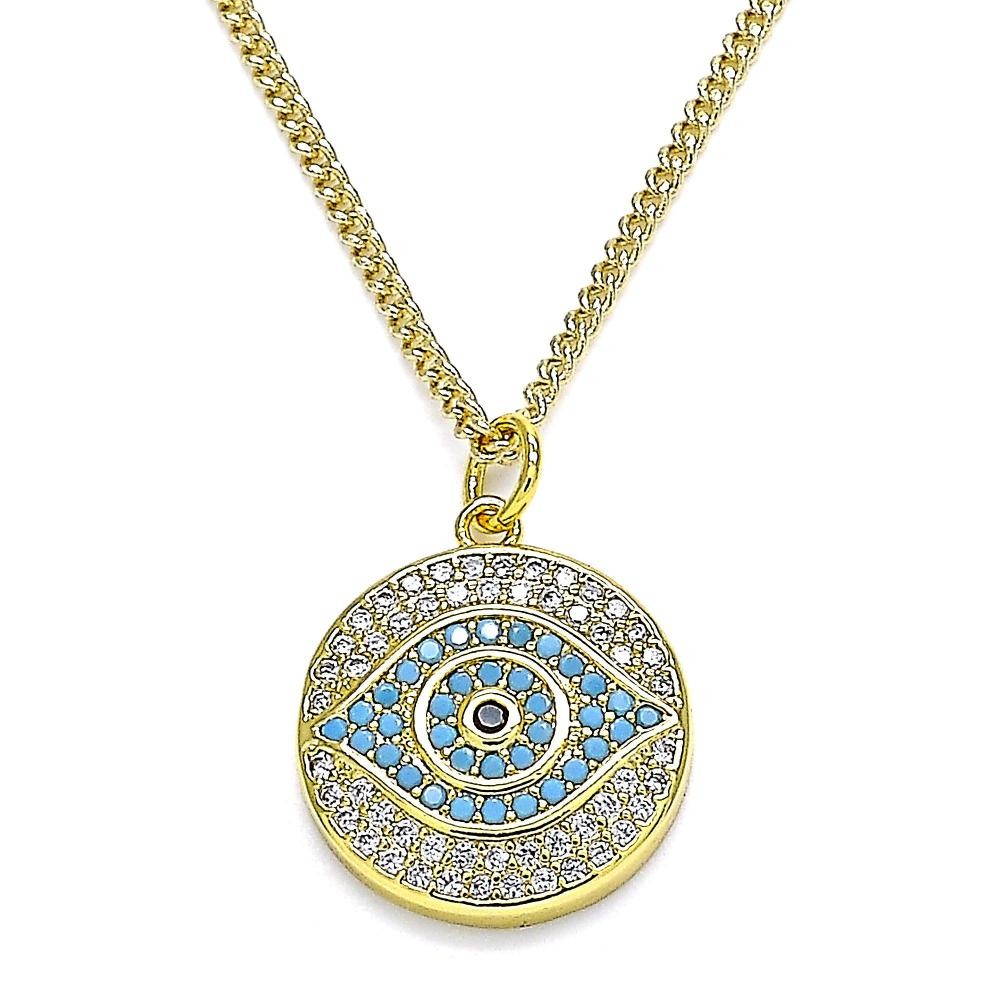 Gold Filled Greek Eye Design Pendant Necklace With Multicolor Micro Pave Polished Finish Golden Tone