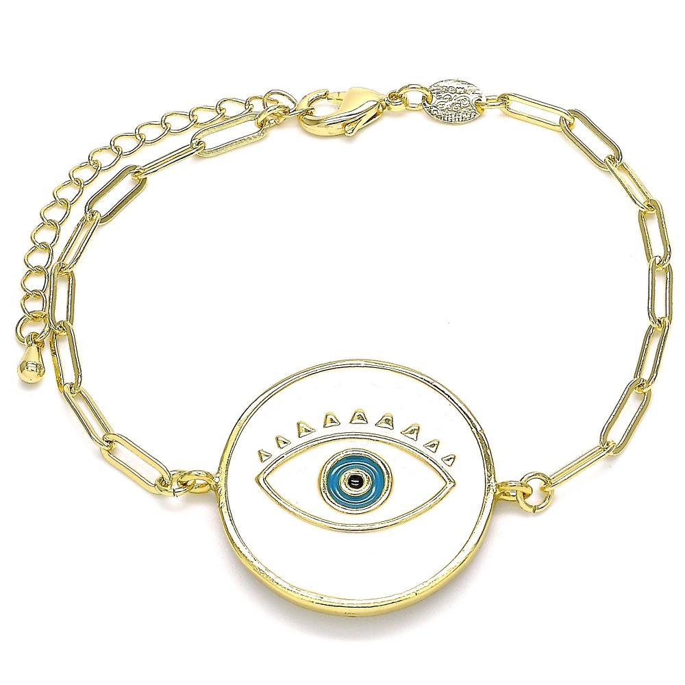 Gold Filled Fancy Bracelet Greek Eye Design White Enamel Finish Golden Tone