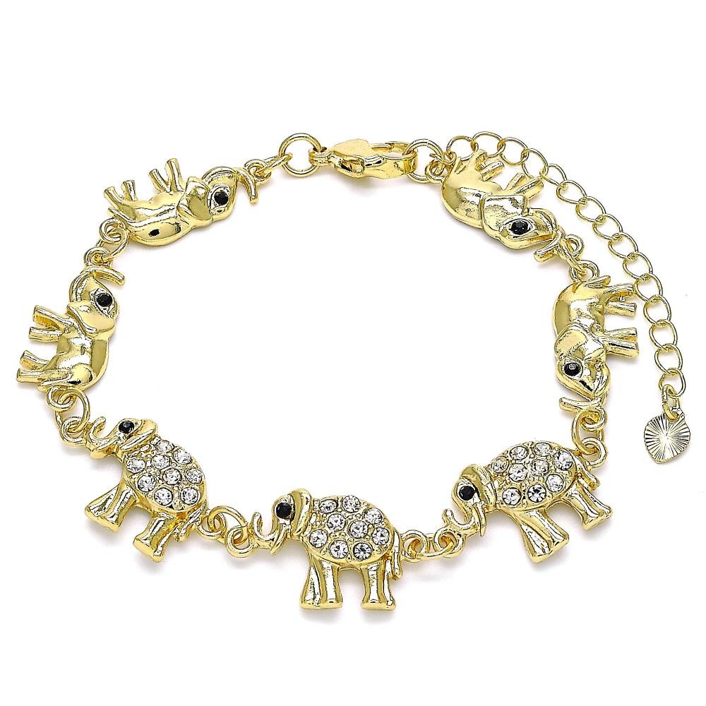 Gold Filled Fancy Bracelet Elephant Design With White and Black Crystal Polished Finish Golden Tone