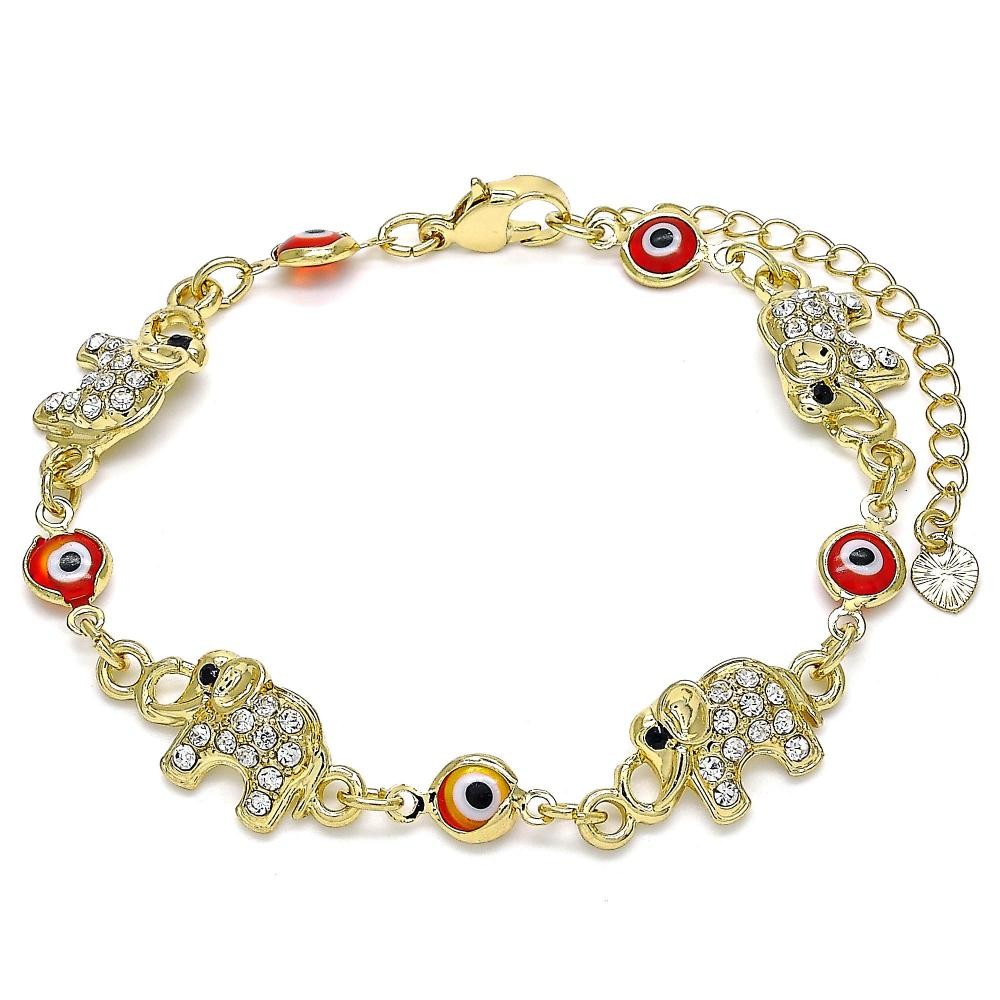 Gold Filled Fancy Bracelet Elephant and Greek Eye Design With White and Black Crystal Red Resin Finish Golden Tone