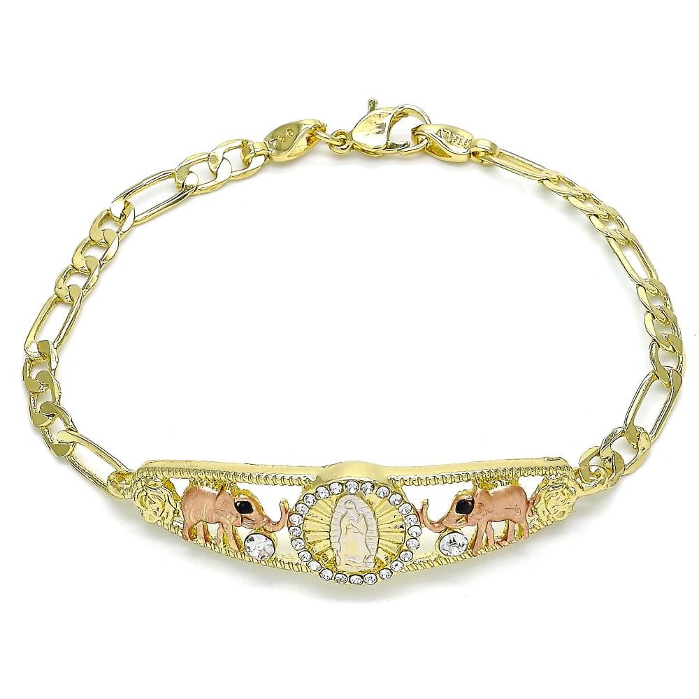 Gold Filled Fancy Bracelet Guadalupe and Elephant Design with White and Black Crystal Polished Finish Tri Tone