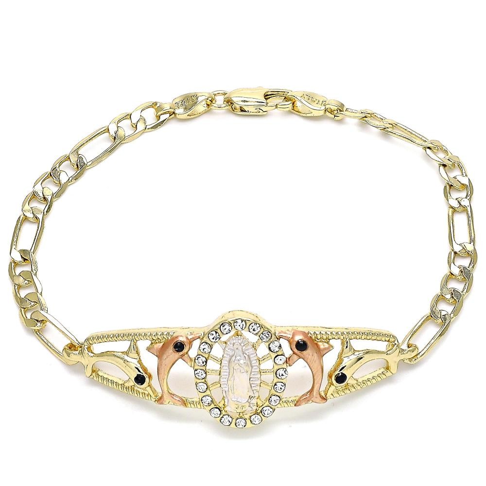 Gold Filled Fancy Bracelet Guadalupe and Dolphin Design With White and Black Crystal Polished Finish Tri Tone