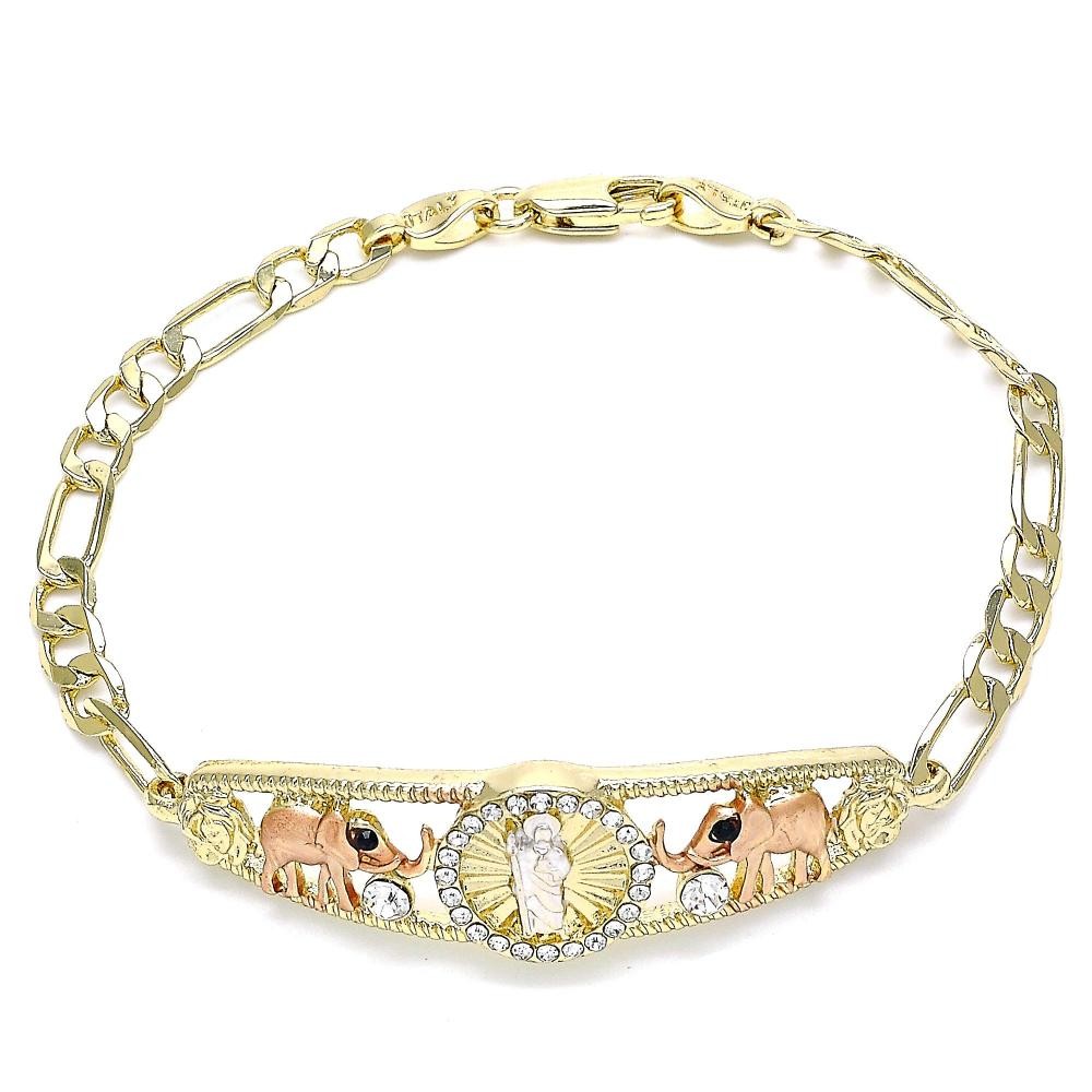 Gold Filled Fancy Bracelet San Judas and Elephant Design With White and Black Crystal Polished Finish Tri Tone