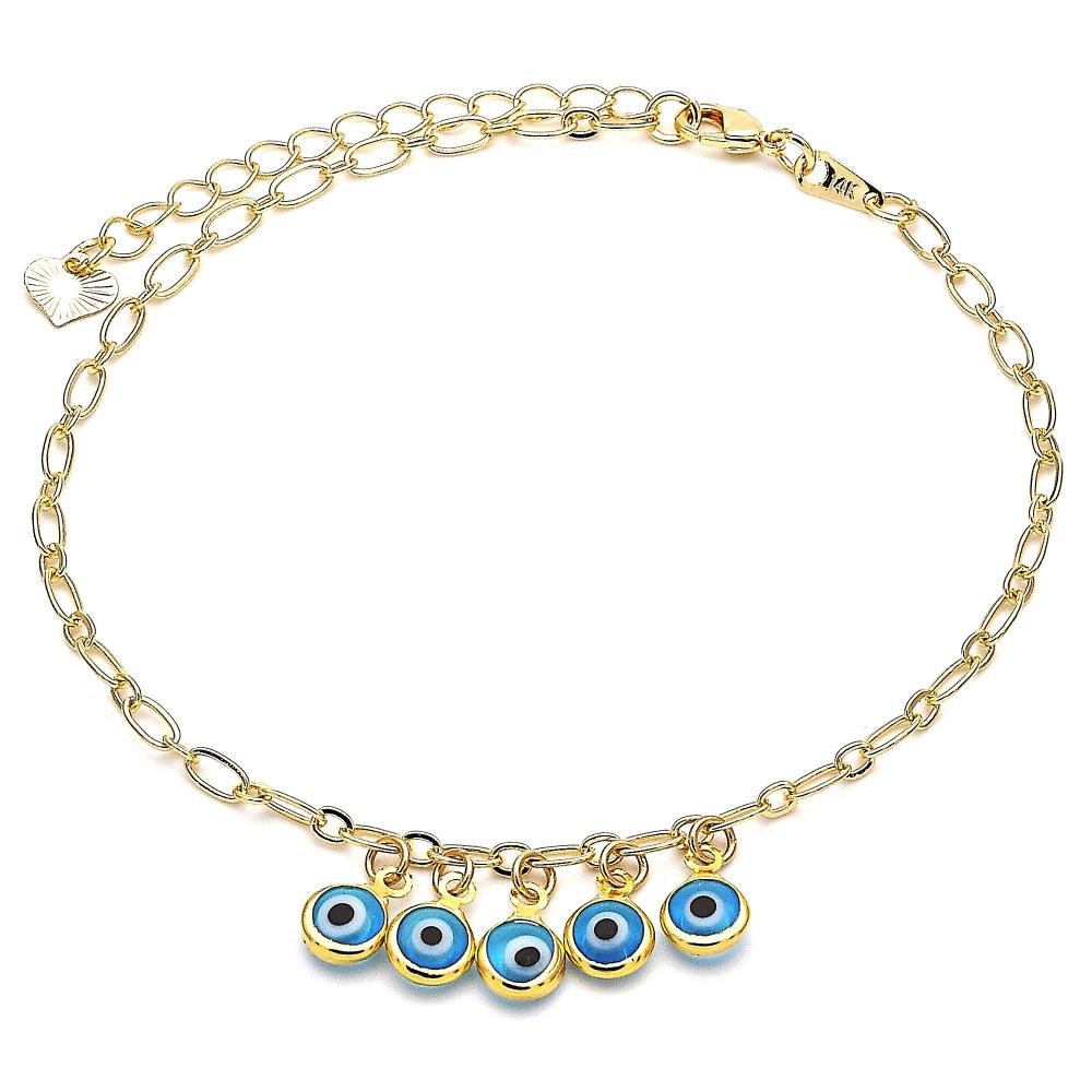 Gold Filled Charm Anklet Greek Eye Design Blue Resin Finish Golden Tone