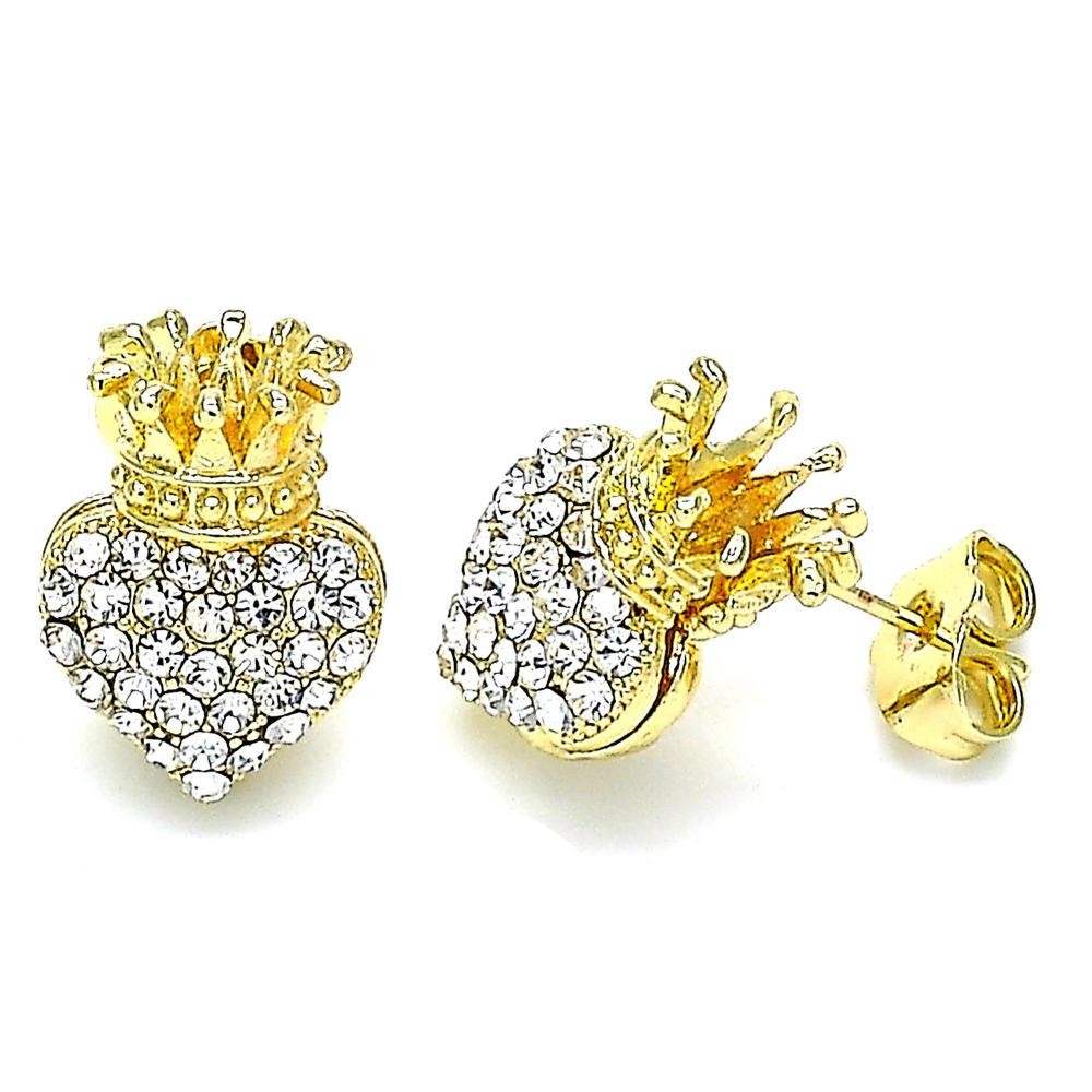 Gold Filled Stud Earring Heart and Crown Design With White Crystal Polished Finish Golden Tone