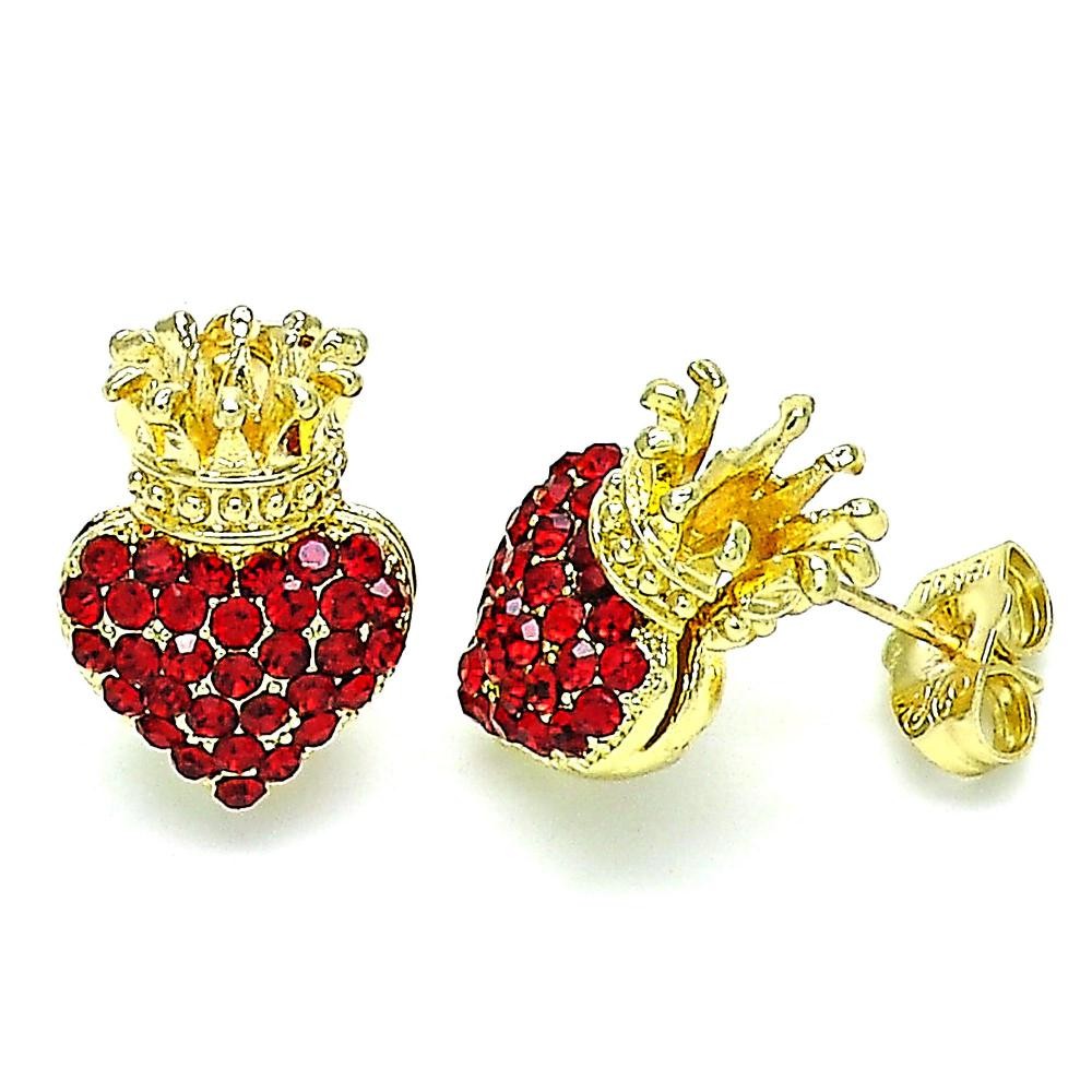 Gold Filled Stud Earring Heart and Crown Design With Garnet Crystal Polished Finish Golden Tone