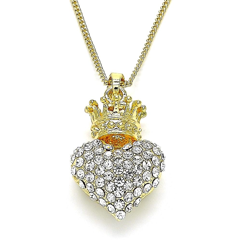 Gold Filled Pendant Necklace Heart and Crown Design With White Crystal Polished Finish Golden Tone