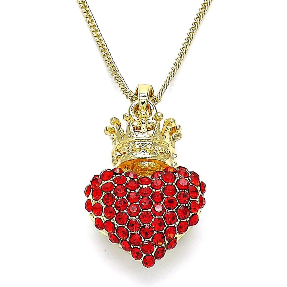 Gold Filled Pendant Necklace Heart and Crown Design With Garnet Crystal Polished Finish Golden Tone