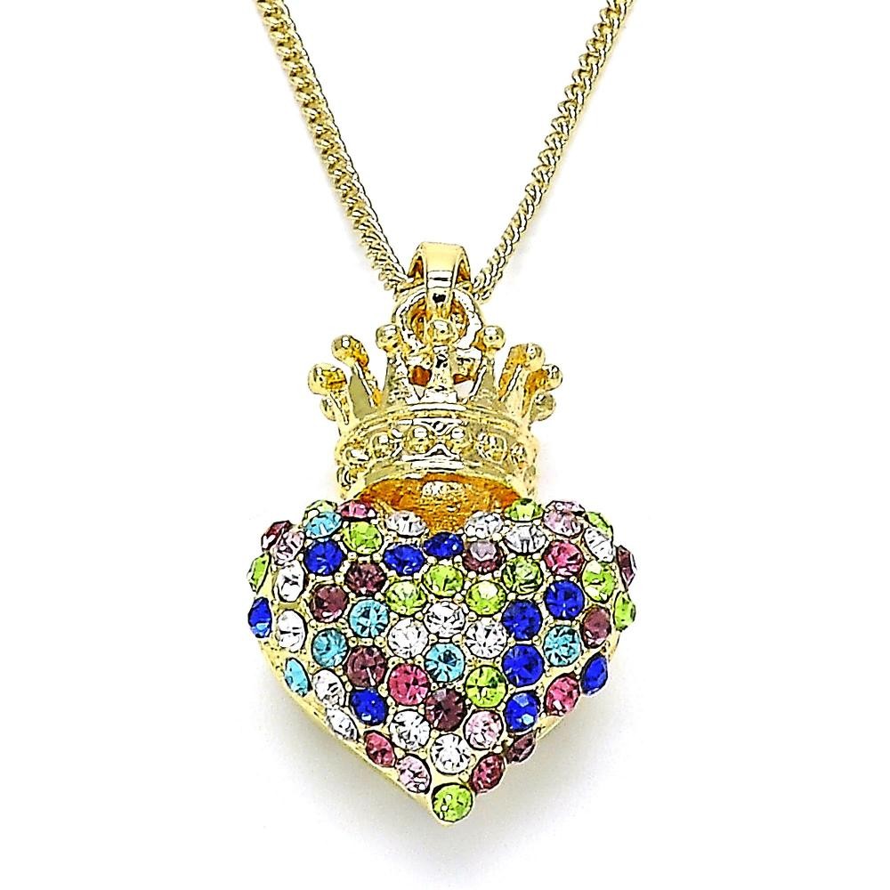 Gold Filled Pendant Necklace Heart and Crown Design With Multicolor Crystal Polished Finish Golden Tone