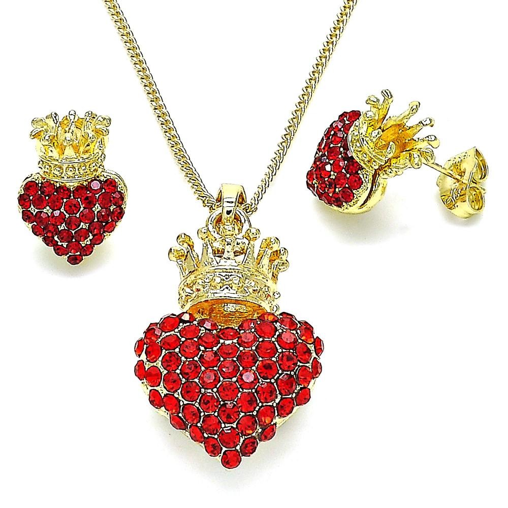 Gold Filled Earring and Pendant Adult Set Heart and Crown Design With Garnet Crystal Polished Finish Golden Tone