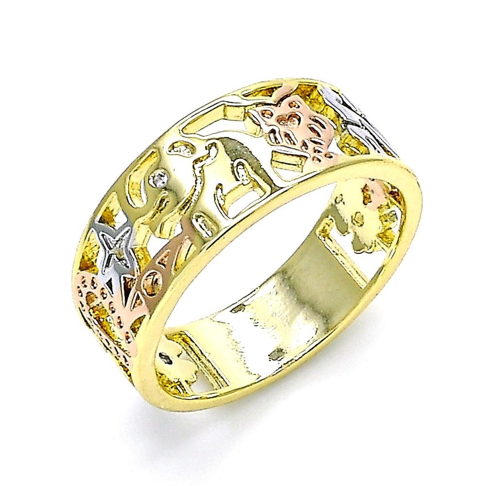 Gold Filled Elegant Ring Elephant and Owl Design With White Cubic Zirconia Polished Finish Tri Tone