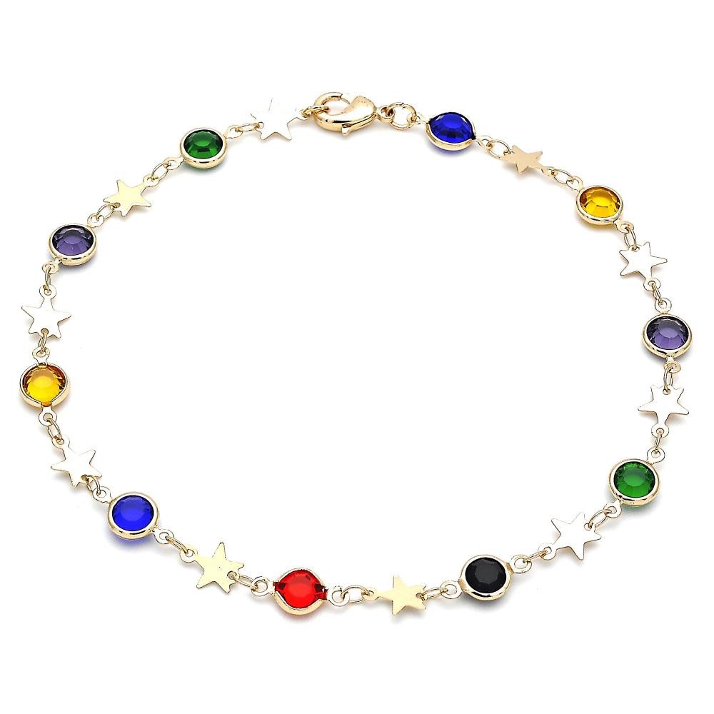 Gold Filled Star Design Multi Color Ankle Bracelet Polished Finish Golden Tone