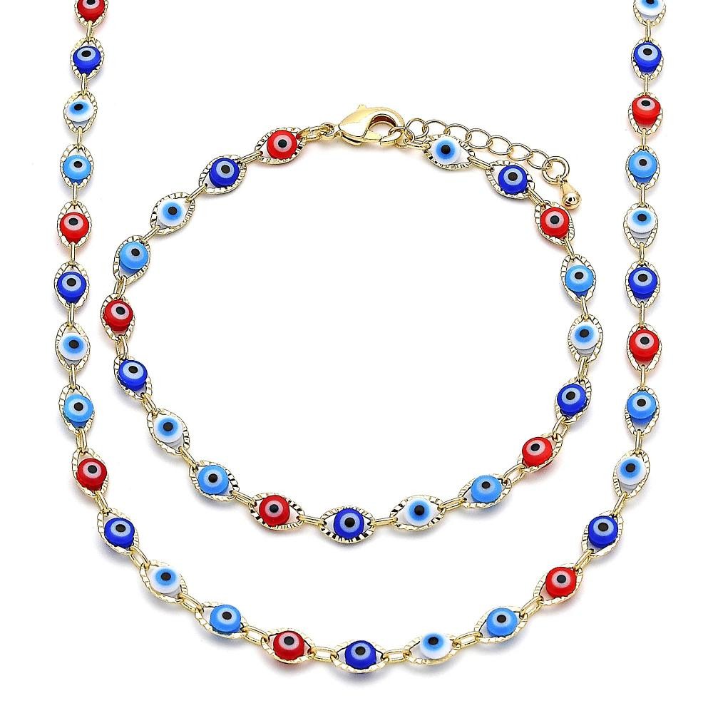 Gold Filled Fancy Necklace & Set Bracelet Greek Eye Design Multicolor Resin Finish Golden Tone