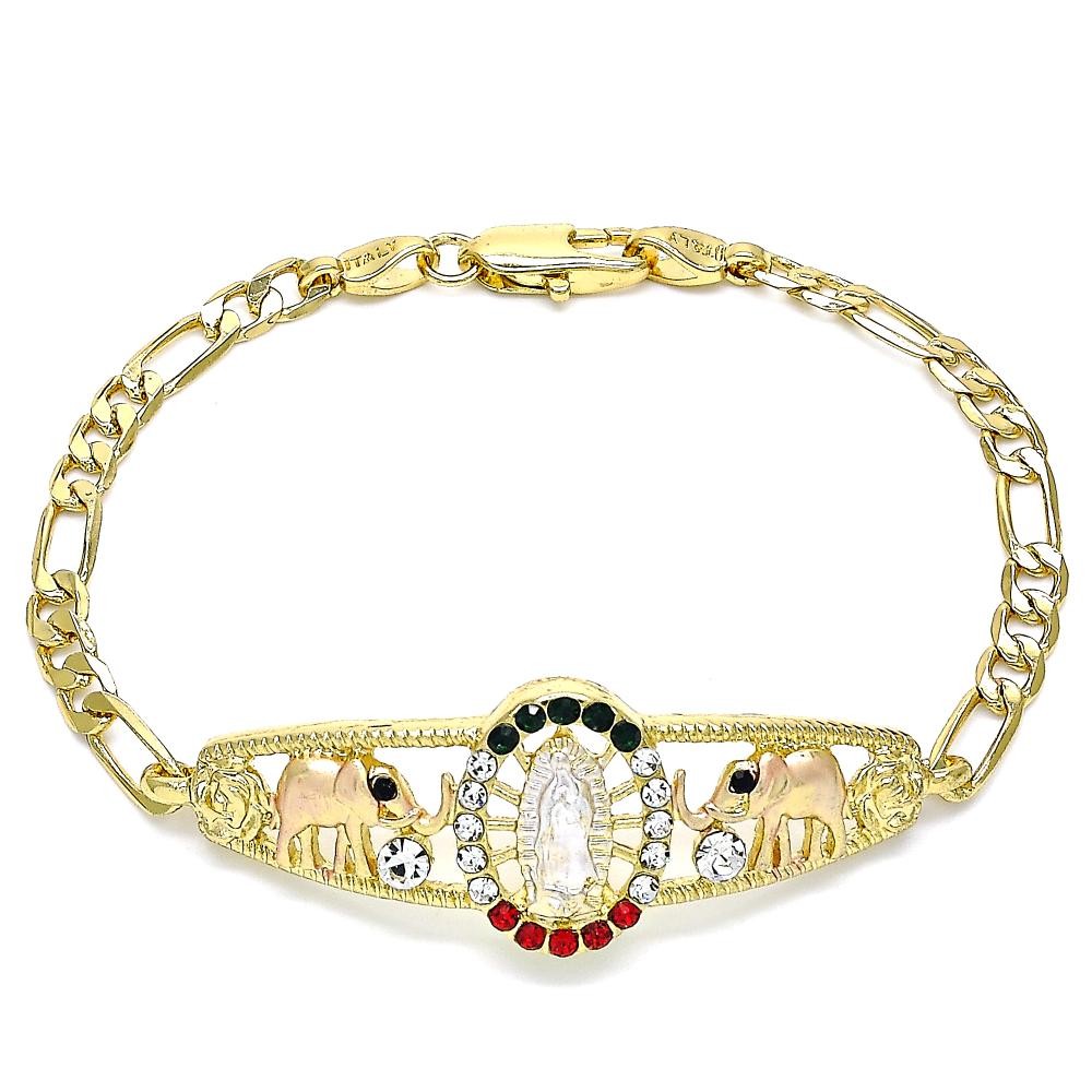 Gold Filled Fancy Bracelet Guadalupe and Elephant Design with Multicolor Crystal Polished Tri Tone