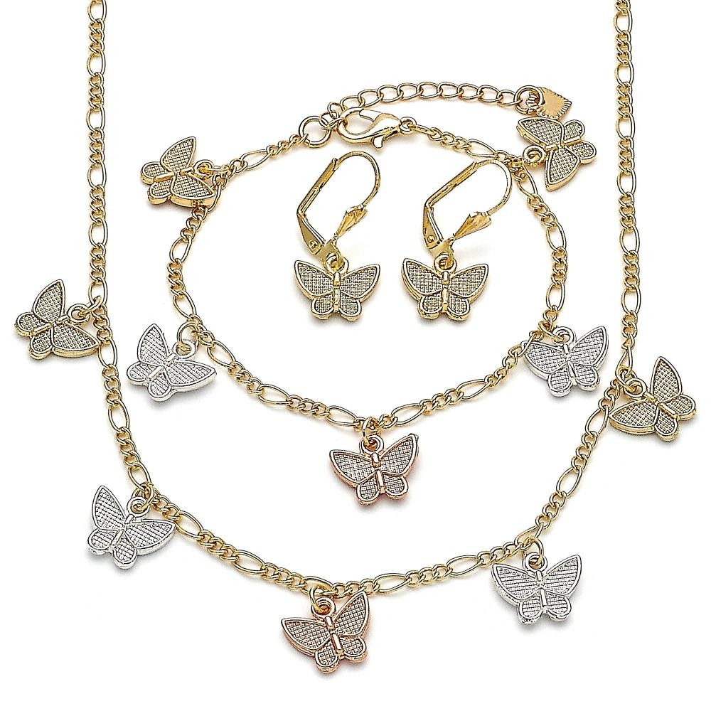 Gold Filled Necklace Bracelet and Earring Butterfly Design Polished Finish Tri Tone