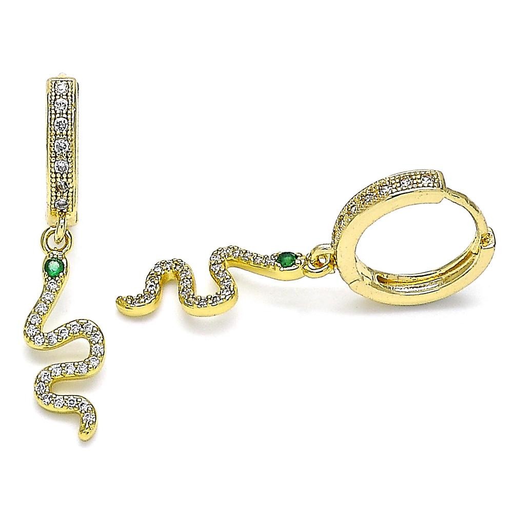 Gold Filled Huggie Hoop Earrings Snake Design With White Micro Pave and Green Cubic Zirconia Polished Finish Golden Tone