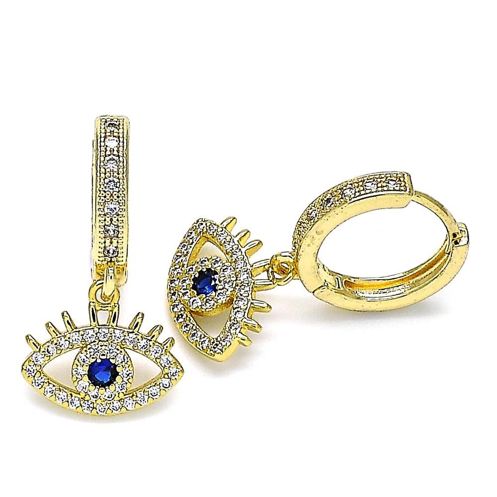 Gold Filled Huggie Hoop Earrings Greek Eye Design With Blue Topaz and White Micro Pave Polished Finish Golden Tone