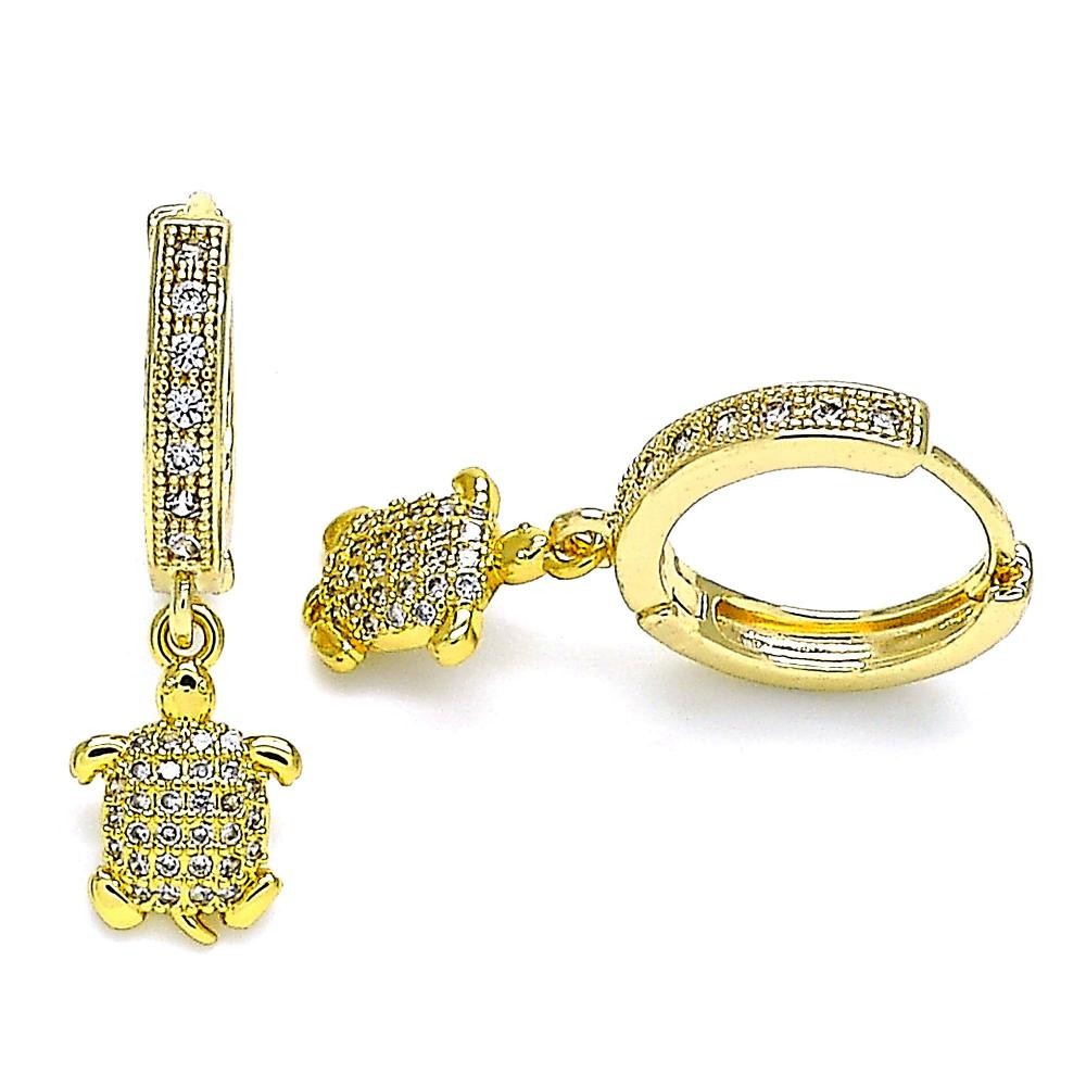Gold Filled Huggie Hoop Earrings Turtle Design With White Micro Pave Polished Finish Golden Tone