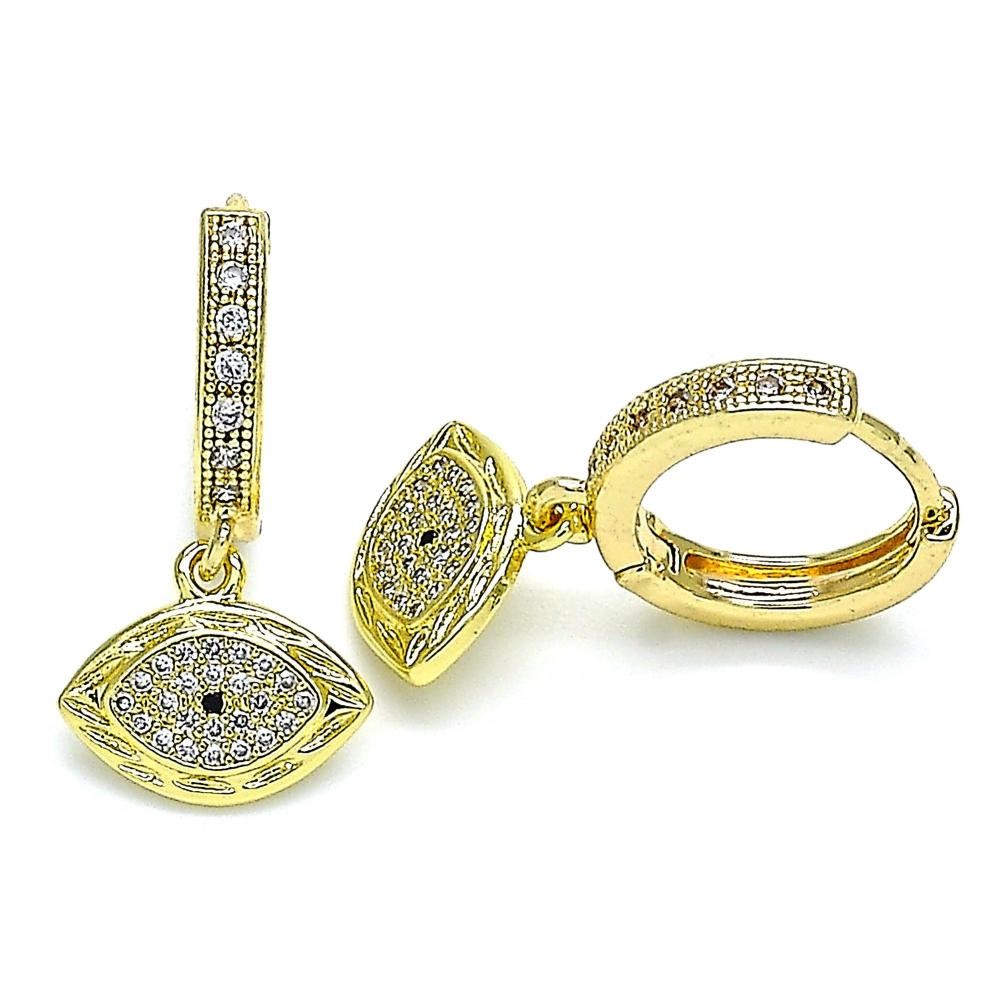 Gold Filled Huggie Hoop Earrings Greek Eye Design With Blue Topaz and White Micro Pave Polished Finish Golden Tone