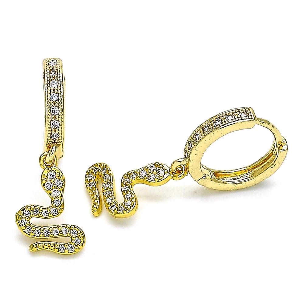 Gold Filled Huggie Hoop Earrings Snake Design With White Micro Pave Polished Finish Golden Tone