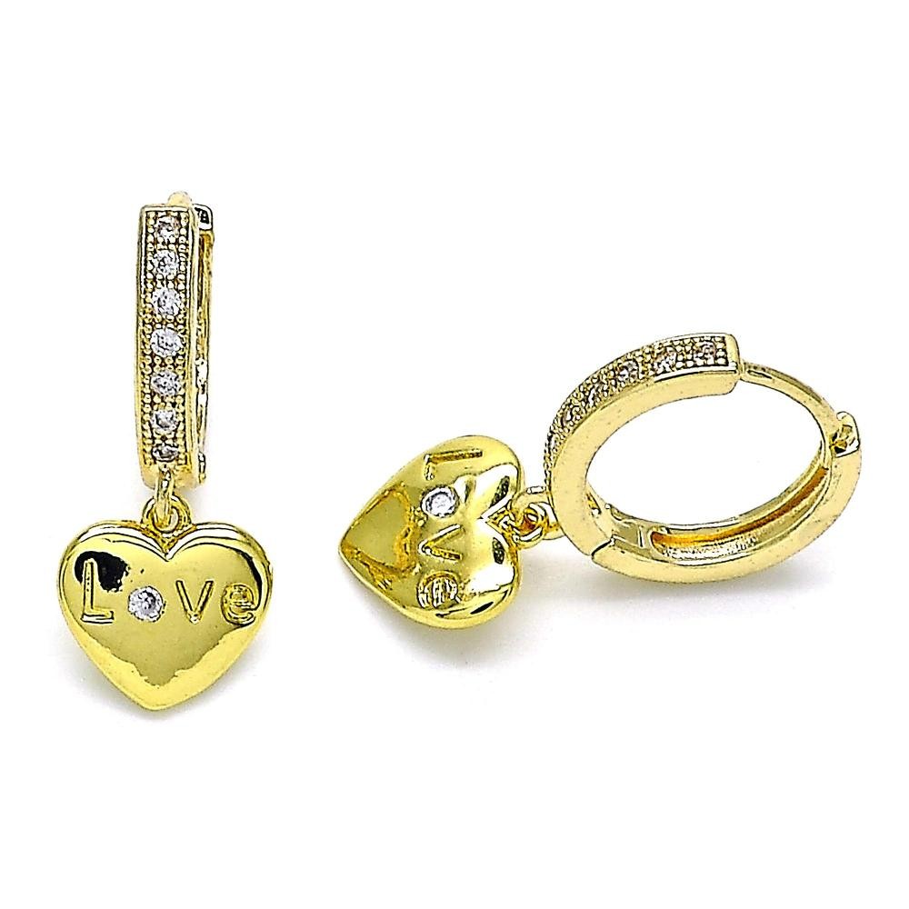 Gold Filled Huggie Hoop Earrings Heart and Love Design With White Micro Pave and White Cubic Zirconia Polished Finish Golden Tone