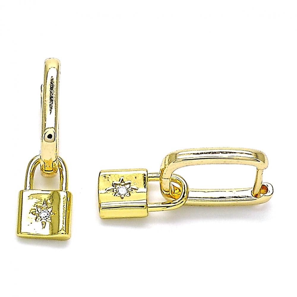 Gold Filled Huggie Hoop Earrings Lock and Sun Design With White Micro Pave Polished Finish Golden Tone