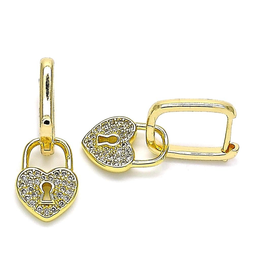 Gold Filled Huggie Hoop Earrings Heart and Lock Design With White Micro Pave Polished Finish Golden Tone
