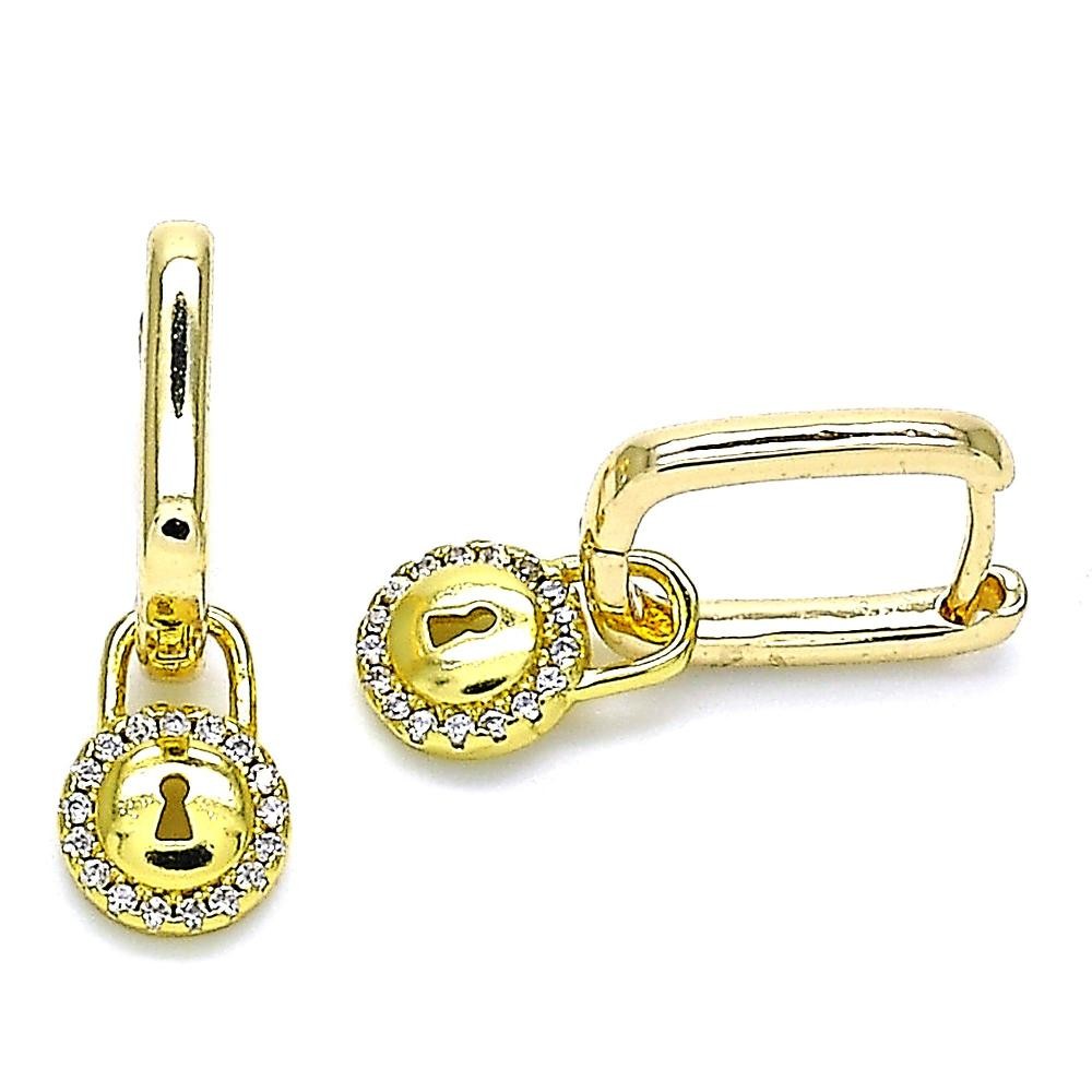 Gold Filled Huggie Hoop Earrings Lock Design With White Micro Pave Polished Finish Golden Tone