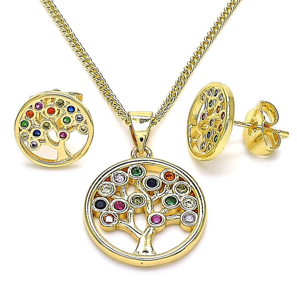 Gold Filled Earring and Pendant Set Tree Design With Multicolor Cubic Zirconia Polished Finish Golden Tone