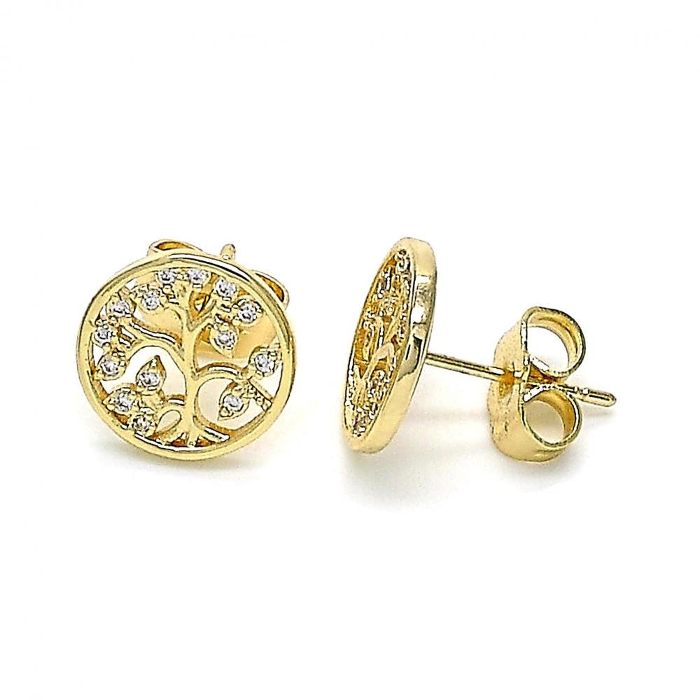 Gold Filled Stud Earrings Tree Design With White Micro Pave Polished Finish Golden Tone