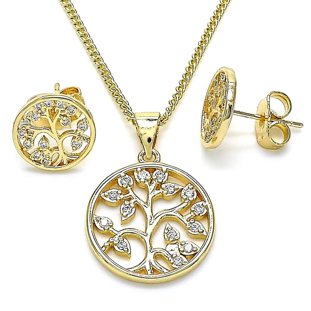 Gold Filled Earring and Pendant Set Tree Design With White Micro Pave Polished Finish Golden Tone