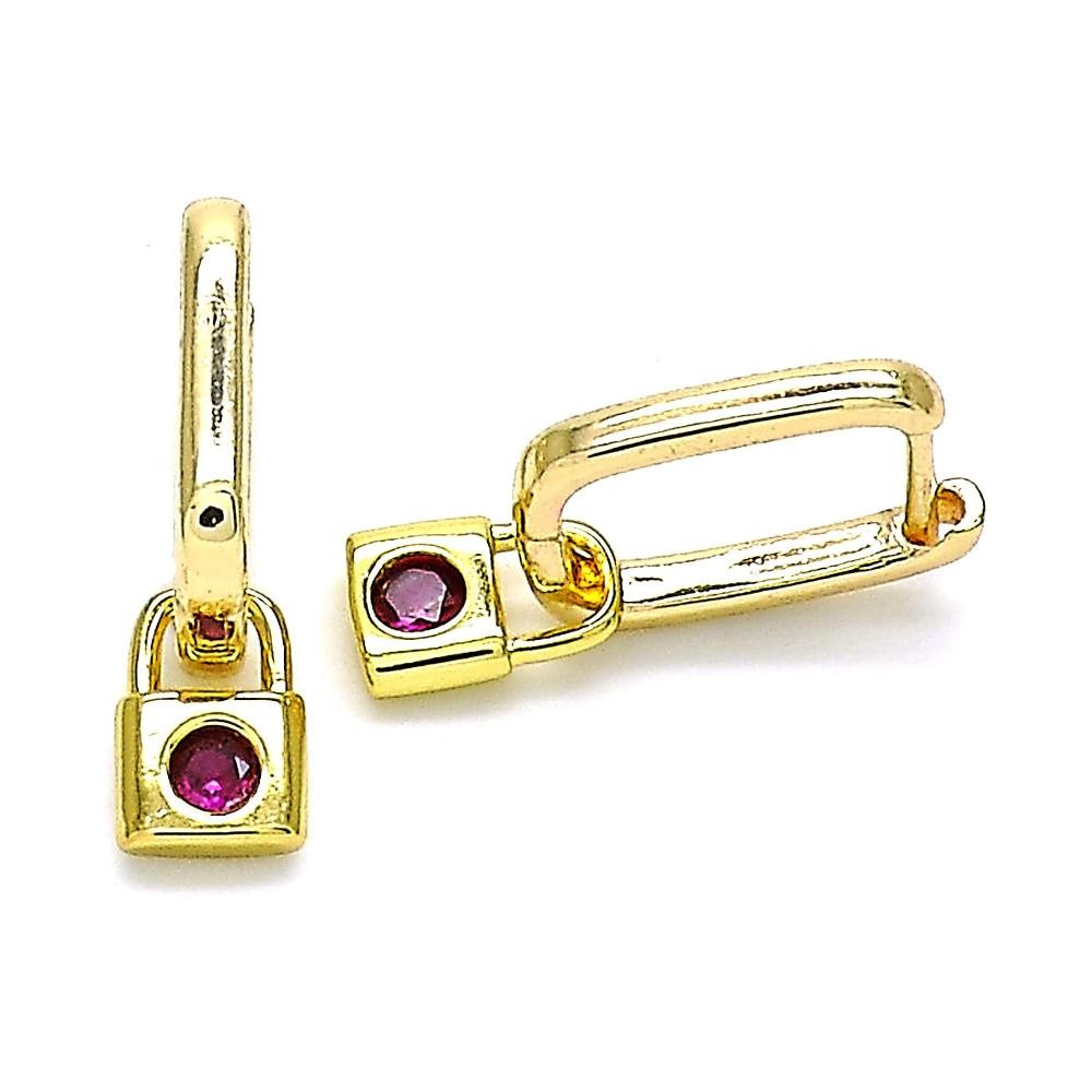 Gold Filled Huggie Hoop Earrings Lock Design with Ruby Cubic Zirconia Polished Finish Golden Tone
